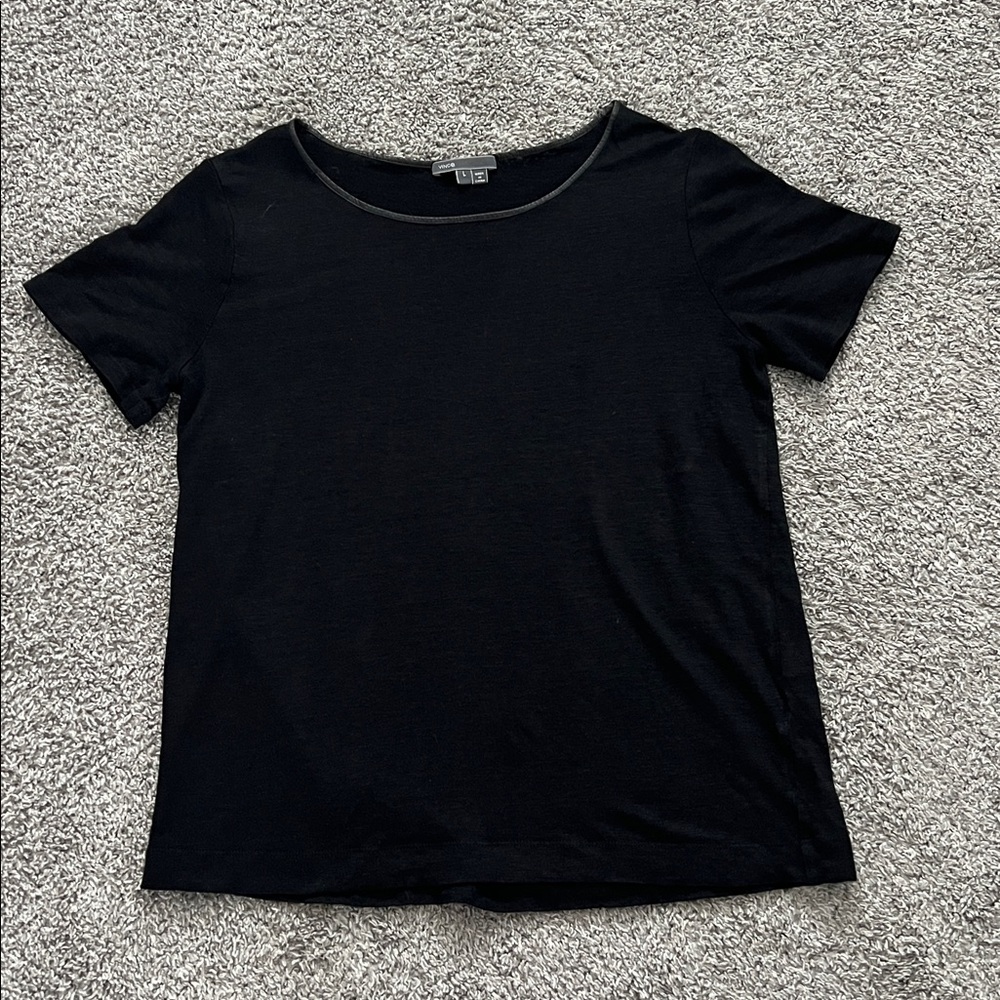 Vince Women’s Black Short-Sleeve Top with Leather-Trimmed Neckline - Size L - Picture 3 of 9